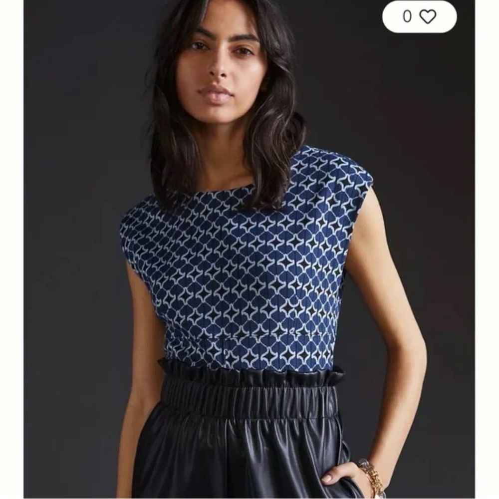 Maeve by Anthropologie Navy Geometric Cap-Sleeve Top SZ:M